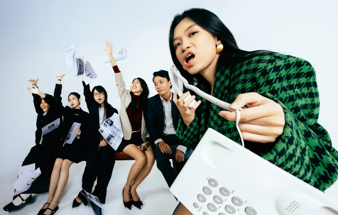 Frustrated woman holding telephone receiver with colleagues in background.